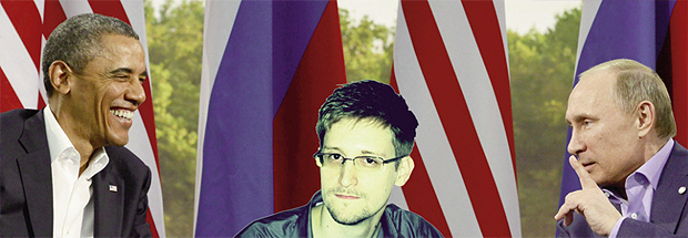 Barack Obama, presidente dos Estados Unidos, e Vladimir Putin, presidente da Rússia: o primeiro quer Edward Snowden (no centro da montagem) preso e o segundo mantém o delator americano como prisioneiro da Rússia | Foto montagem/Jornal Opção