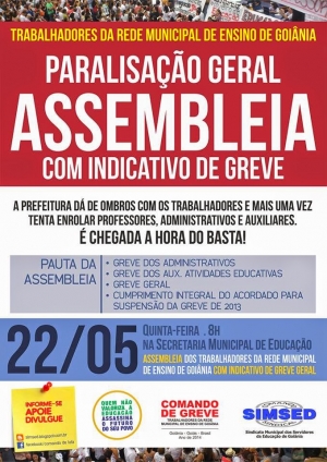 Cartaz sobre assembleia está sendo divulgado pelas redes sociais. Professores querem cumprimento de acordo feito com o Paço Municipal no fim do ano passado. Foto: Reprodução/Blog Simsed