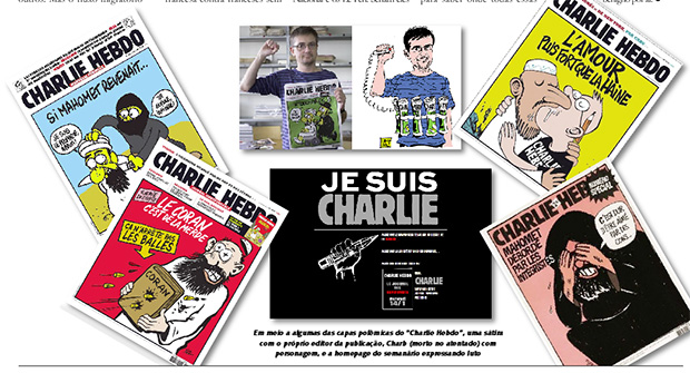 Em meio a algumas das capas polêmicas do “Charlie Hebdo”, uma sátira com o próprio editor da publicação, Charb (morto no atentado) com personagem, e a homepage do semanário expressando luto