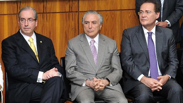 Deputado Eduardo Cunha, vice-presidente Michel Temer e senador Renan Calheiros: como presidente do partido, Temer tenta viabilizar o PMDB como um todo; os outros dois só pensam em salvar a própria pele