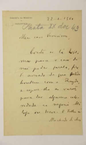 Machado de Assis carta 1 para José Veríssimo