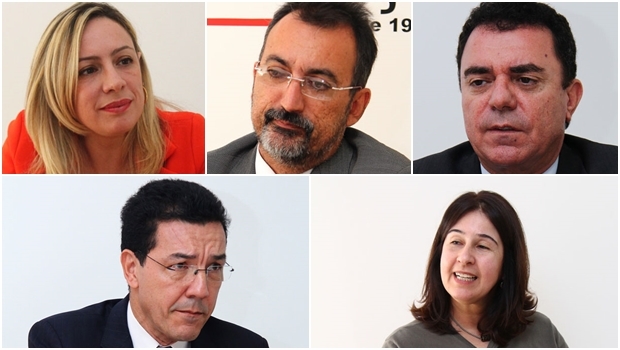 Adriana Accorsi, Humberto Aidar, Luis Cesar Bueno, Edward Madureira e Marina Sant’Anna: os pré-candidatos do PT para a disputa pela Prefeitura de Goiânia no ano que vem | Fotos: Fernando Leite/Jornal Opção