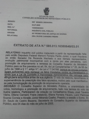 Primeira página do Inquérito Civil Público arquivado em 2004 por não comprovação das acusações